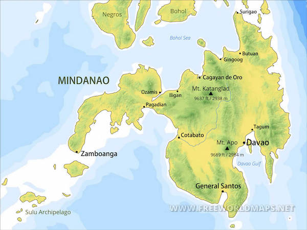 A map of the island of Mindanao.