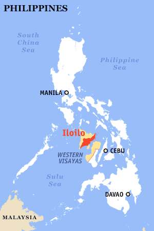 A map of an archipelago of islands called the Philippines; the region of Iloilo is highlighted in the middle.