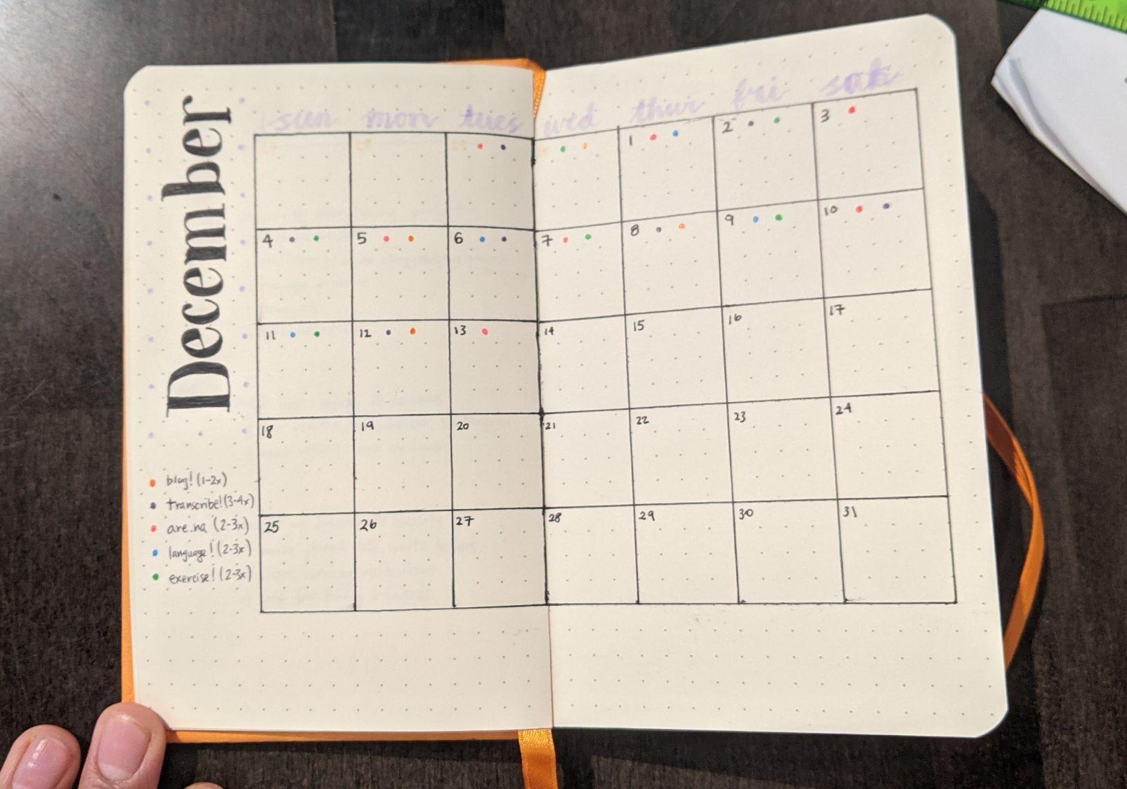 A picture of a calendar of the month of December 2022 drawn in a dot notebook. There are different colored dots on each day and a key signifying which habit corresponds to which color.